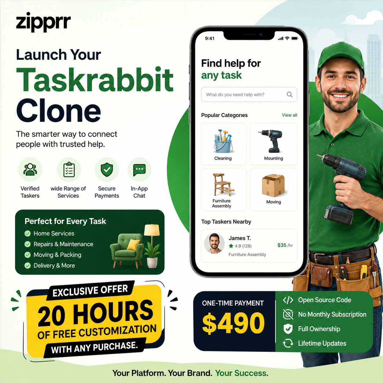 Feature-Rich On-Demand Services App From $490 – Zipprr TaskRabbit Clone